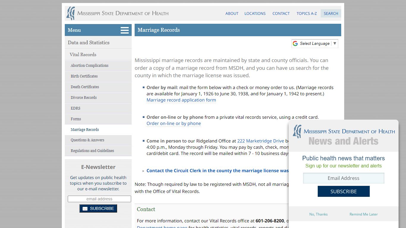 Marriage Records - Mississippi State Department of Health